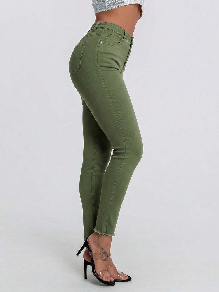 SHEIN SXY 女士纯色简约日常牛仔裤 - 綠色 - 查看 6