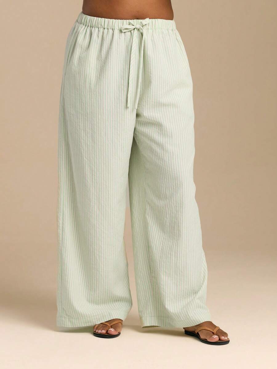 FASHION SZN Plus Size Womens Drawstring Waist Wide Leg Striped Trousers Summer Casual Holiday Vacation Chic Cute Comfort Fall - Green - View 1
