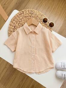 SHEIN Young Girl Casual Comfortable Striped Lapel Open Front Loose Short Sleeve Hollow Back Woven Shirt - Yellow - View 5