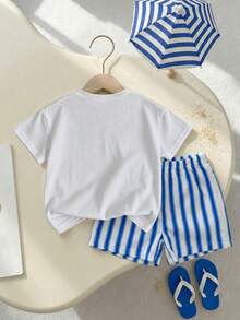 SHEIN Playful Pals 小男孩白色夏季海灘度假T恤套裝，海洋動物與字母印花上衣搭配對比條紋短褲，休閒抽繩腰圍套裝 - 彩色 - 查看 2