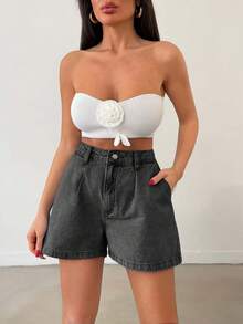EURMUSE Women's High Waist Pleated Pockets Loose Casual Denim Shorts - Light Grey - View 5