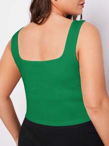 SHEIN BASICS 大码女式纯色方领休闲百搭背心 - 綠色 - 查看 2