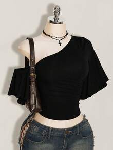 SHEIN ICON Y2k 夏季女款黑色夜店性感外出純色不對稱領短袖側抽繩時尚上衣 - 黑色 - 查看 4