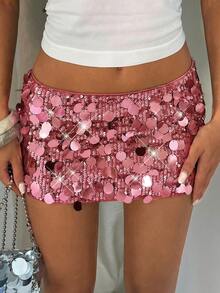 Glamine Women's Solid Color Sequin Skirt, Suitable For Party Night Occasions Hot Pink Autumn Y2k - Coral Pink - View 7