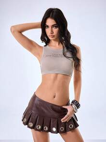 Y2Kool Grey Semi-Transparent Sexy 2000s Street Wear Y2k Slogan Crop Top Suitable For Spring/Summer Parties Night Holidays Beach Trips Music Festivals - Brown - View 3