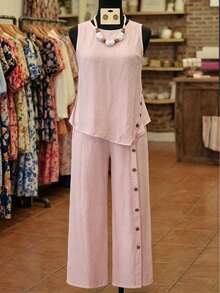 EMERY ROSE 2pcs Plus Size Textured Crew Neck Button Asymmetric Hem Top And Casual Pants Set Formal Vacation Pink Summer - Dusty Pink - View 3