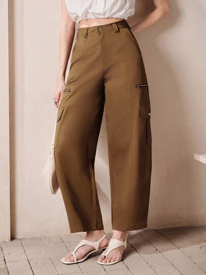 Aveloria Modichic Summer Cargo Style Loose Straight Leg Pants For Women, Khaki Color, High Waist Multi-Pocket Design, Practical Zipper Decor, Carrot Pants, Balloon Pants, Tapered Hem, Casual Fabric, Chic And Stylish, Suitable For Commuting, Casual, Vacation, Beach, Party And Other Occasions, Y2K Minimalist Modern