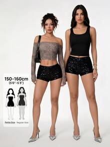 SHEIN PETITE Quần short nữ Quần short đen đính sequin Quần short đính sequin Quần short mini Quần short mùa hè Quần short nóng bỏng từ hè sang hè, Buổi hòa nhạc dành cho phụ nữ, Buổi hòa nhạc đồng quê, Gợi cảm, Câu lạc bộ, Thời trang đường phố, Đính sequin - màu đen - Xem 2