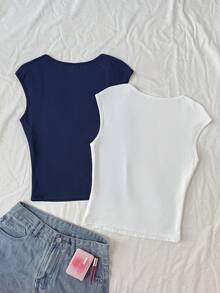 SHEIN Bộ 2 áo thun nữ tuổi teen màu trơn, kiểu dáng nhún bèo, cổ tròn, dễ thương, màu xanh dương và trắng. - Nhiều màu - Xem 2