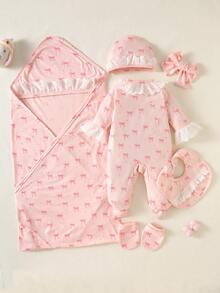 SHEIN Bộ quà tặng 6 món cho bé gái sơ sinh | Phong cách dễ thương màu hồng ngọt ngào + Họa tiết nơ và viền ren | Áo liền quần dài tay + Mũ + Yếm + Băng đô nơ + Găng tay + Chăn quấn | Vải dệt kim thoáng khí | Mùa xuân & hè - Màu Hồng baby - Xem 2