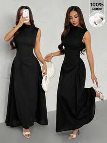 SHEIN PETITE Đầm dài nữ có khóa kéo trang trí kim loại, đầm dạ hội màu đen thanh lịch mùa hè mới, đầm dự tiệc trang trọng. - màu đen - Xem 8