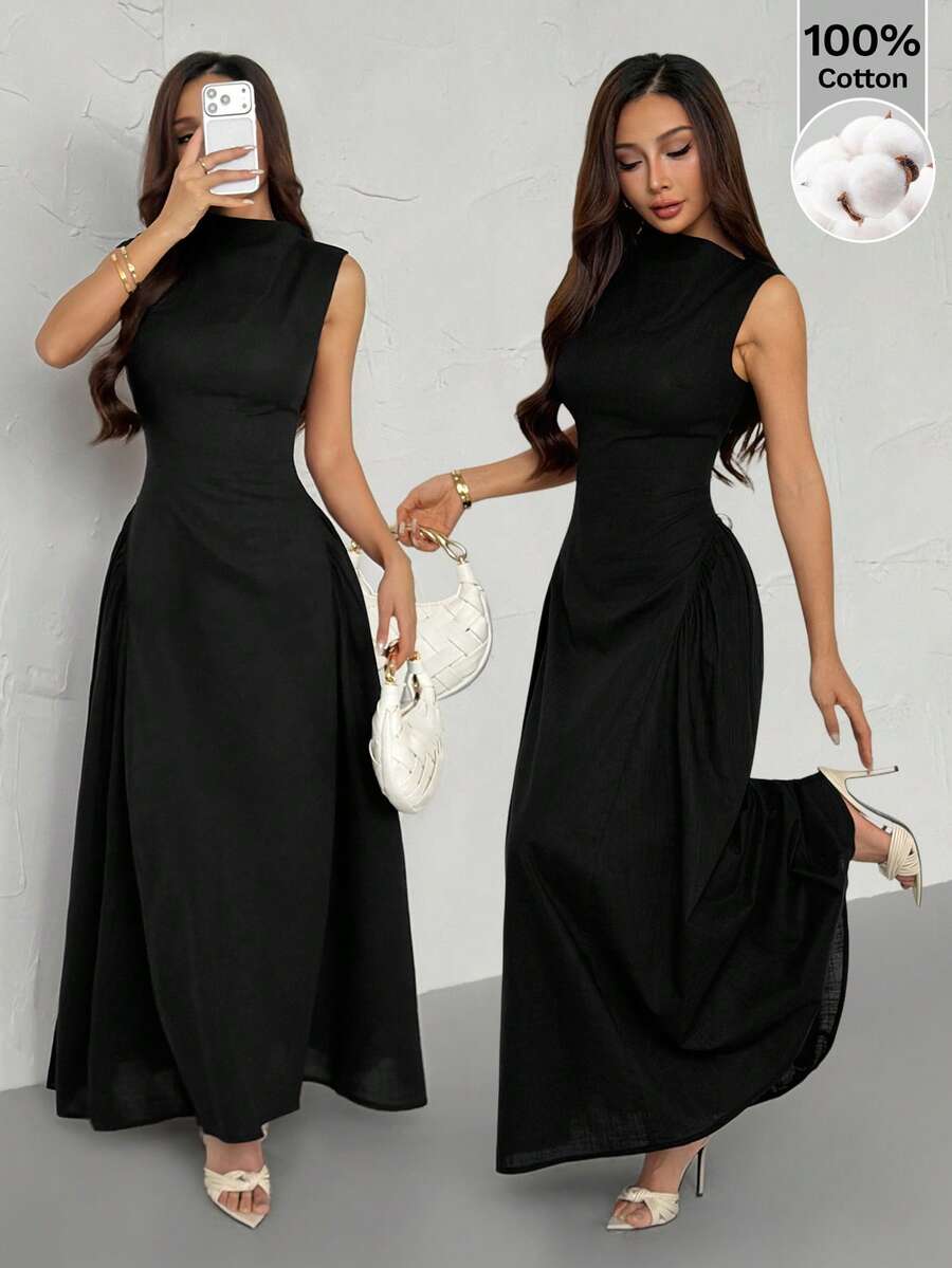 SHEIN PETITE Đầm dài nữ có khóa kéo trang trí kim loại, đầm dạ hội màu đen thanh lịch mùa hè mới, đầm dự tiệc trang trọng. - màu đen - Xem 1