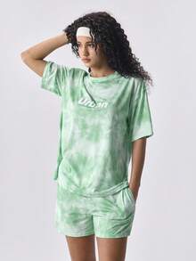 Loungeista Bộ 2 món đồ thể thao thường ngày nữ in chữ nhuộm tie-dye, áo thun cổ tròn dáng rộng và quần short/quần dài mặc nhà, bộ đồ ngủ thoải mái mặc ở nhà cho mùa hè - Màu xanh Bạc hà - Xem 5