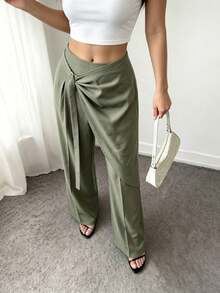Selianne Plus Size Women Casual Wrap Style Solid Color Jumpsuit Pants For Daily, Work, Vacation - Green - View 1
