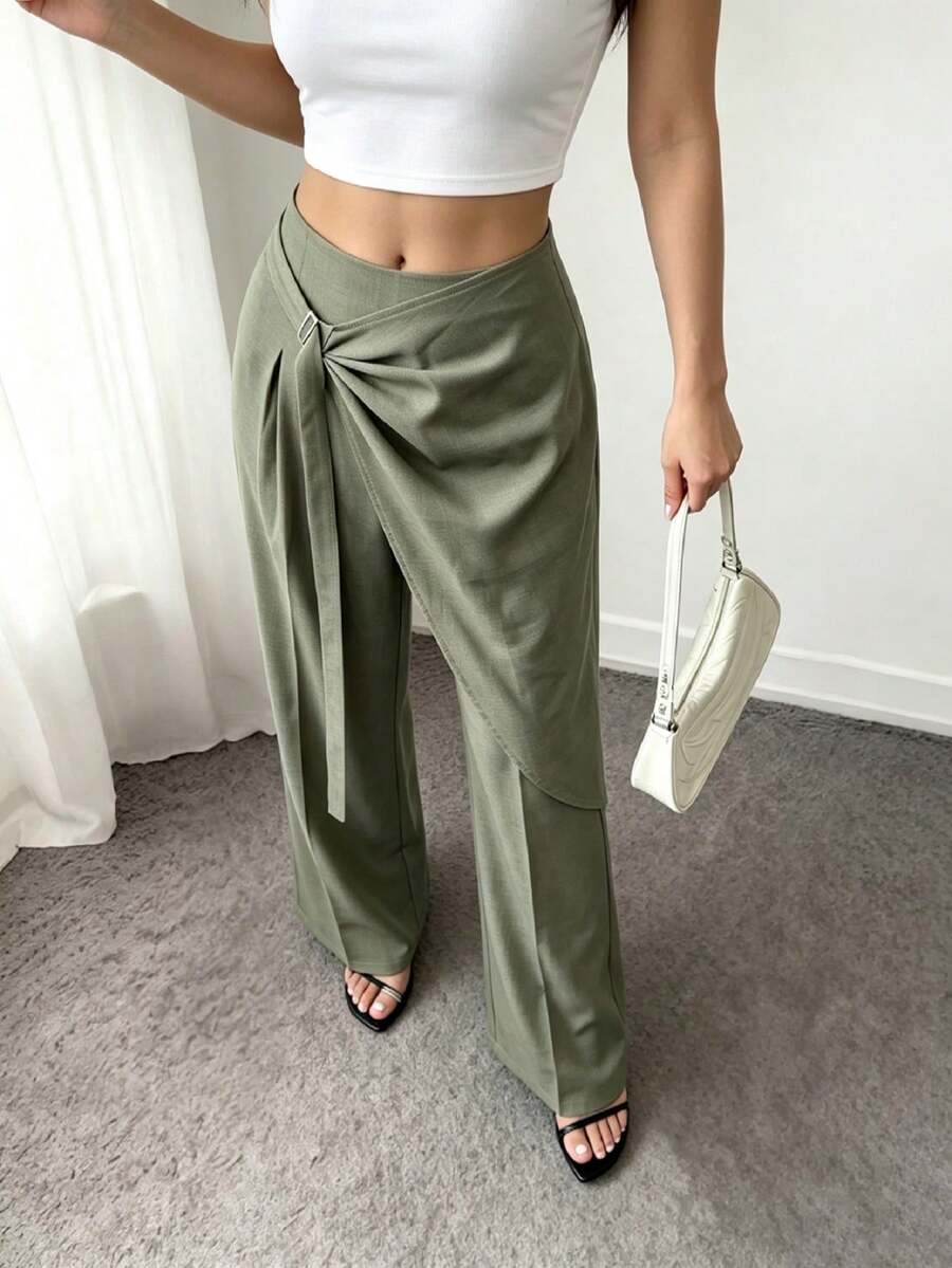 Selianne Plus Size Women Casual Wrap Style Solid Color Jumpsuit Pants For Daily, Work, Vacation - Green - View 1