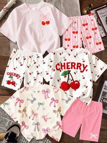 [Bộ sản phẩm phổ biến: 3 món (Áo phông & Quần legging) trong một] Họa tiết nơ và quả anh đào dễ thương, nơ nhiều màu sắc, sọc hồng ngọt ngào kiểu retro, phong cách graffiti, nữ tính, thoải mái, Y2K, bộ áo phông tay ngắn rộng rãi đơn giản cho bé gái tuổi teen và quần legging, bộ 3 món, nhiều món phù hợp cho mùa hè - Nhiều màu - Xem 4