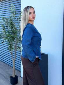 Jeta Ari Áo khoác denim thắt eo kim loại đơn hàng khuy đơn thời trang đường phố dành cho nữ - Rửa tối - Xem 6