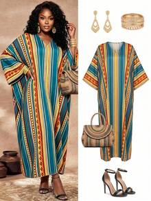 Maweii Đầm maxi Kaftan in họa tiết retro châu Phi cỡ lớn dành cho phụ nữ, áo Abaya tay cánh dơi cổ chữ V cỡ lớn, đầm dài rộng in họa tiết retro kẻ sọc dành cho phụ nữ châu Phi có thân hình đầy đặn, trang phục thường ngày và dự tiệc. - Nhiều màu - Xem 1