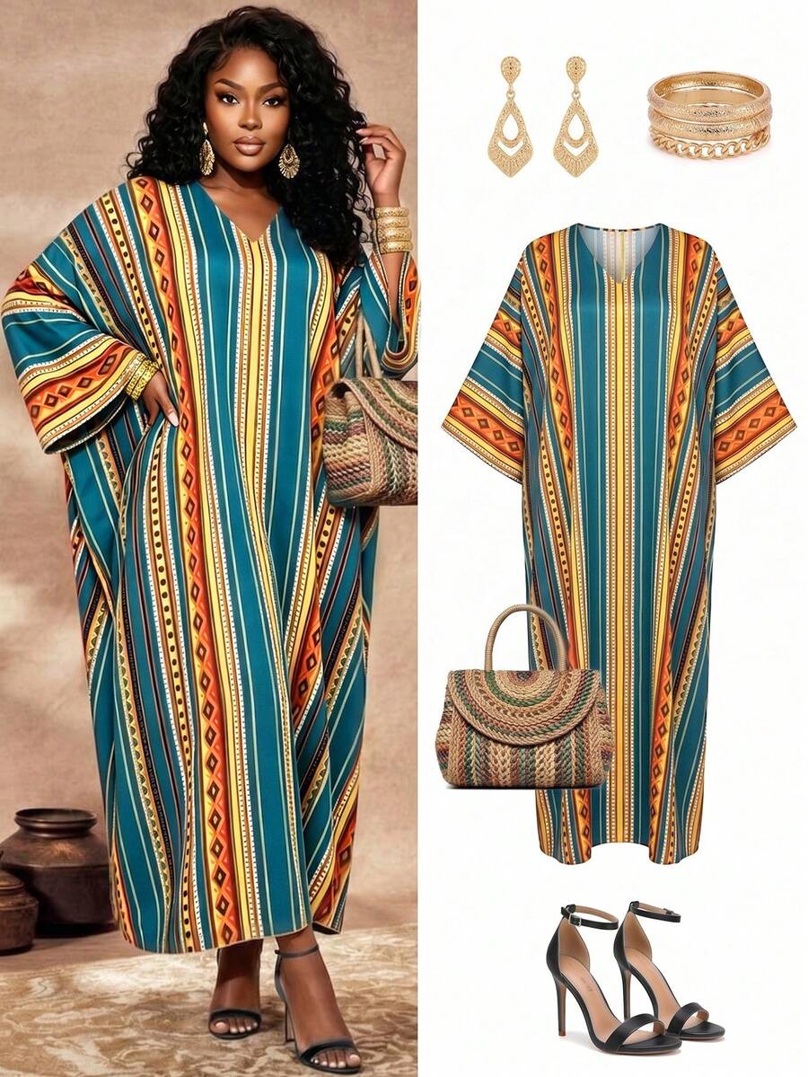 Maweii Đầm maxi Kaftan in họa tiết retro châu Phi cỡ lớn dành cho phụ nữ, áo Abaya tay cánh dơi cổ chữ V cỡ lớn, đầm dài rộng in họa tiết retro kẻ sọc dành cho phụ nữ châu Phi có thân hình đầy đặn, trang phục thường ngày và dự tiệc. - Nhiều màu - Xem 1