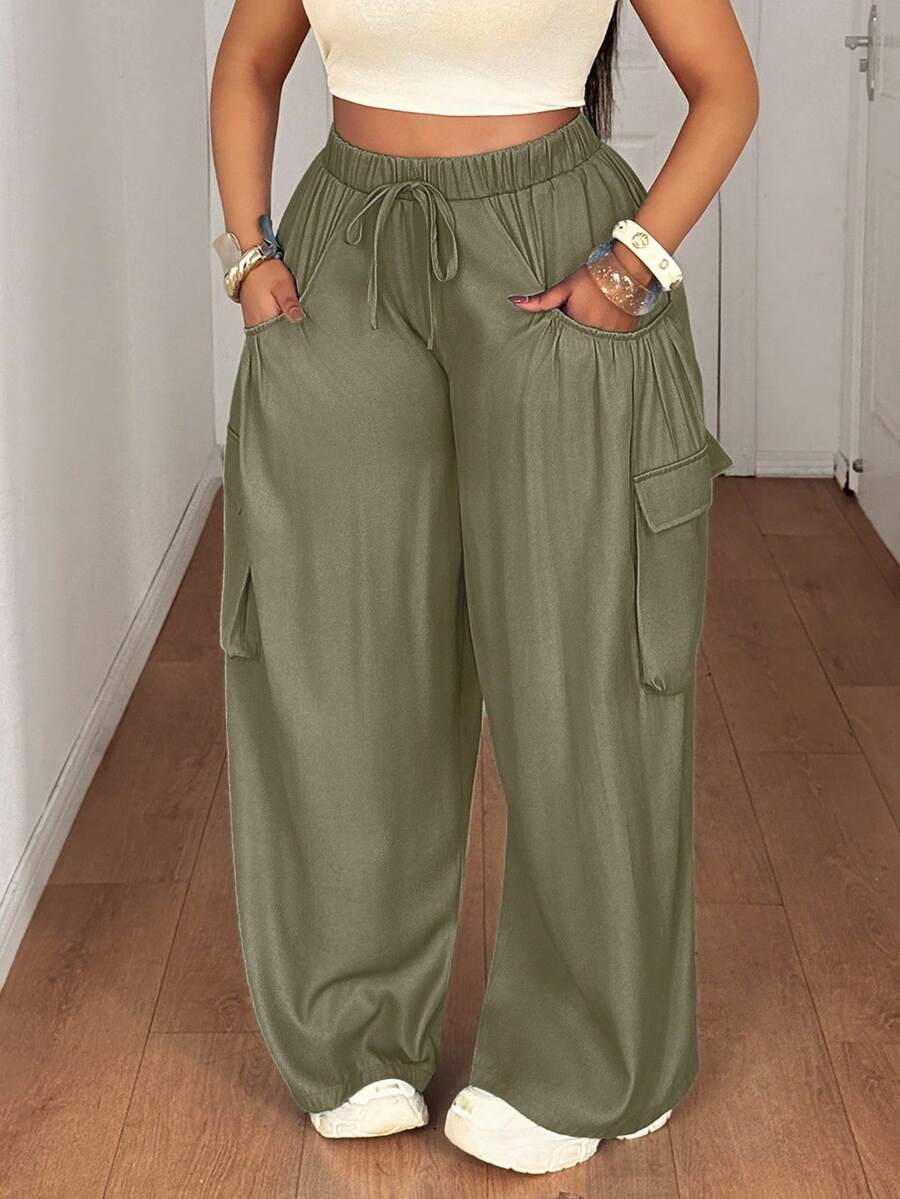 Maweii Plus Size Women Waist Tie Loose Wide Leg Cargo Pants - Army Green - View 1