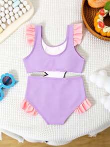 SHEIN GraphicGems Infant/Baby GirlSwimsuit, Cute Cat Applique Print Ruffle One-Piece Swimwear, Suitable For Summer Vacation, Beach, Swimming Pool - Purple - View 2