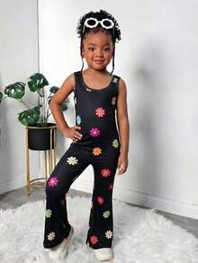 SHEIN Bộ áo hai dây và quần dài màu đen dệt kim hở lưng cho bé gái, trang phục thường ngày dễ thương, đa năng và thời trang. - màu đen - Xem 4