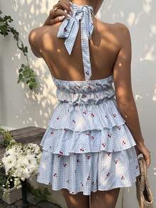 Sunnyshic Women's Spring/Summer Cherry Plaid Dress, Waist-Cinching Flattering Silhouette, Cute Vacation Dress, Cherry Plaid Maiden Dress Vacation Blue Gingham - Blue - View 2