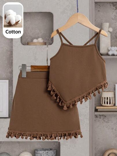 SHEIN Elladie kids 女童（小号）不对称下摆吊带背心和流苏下摆半裙两件套