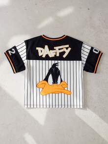 LOONEY TUNES X SHEIN 男童休闲时尚街头日常通勤卡通拼接条纹印花短袖T恤，夏季 - 白色 - 查看 2
