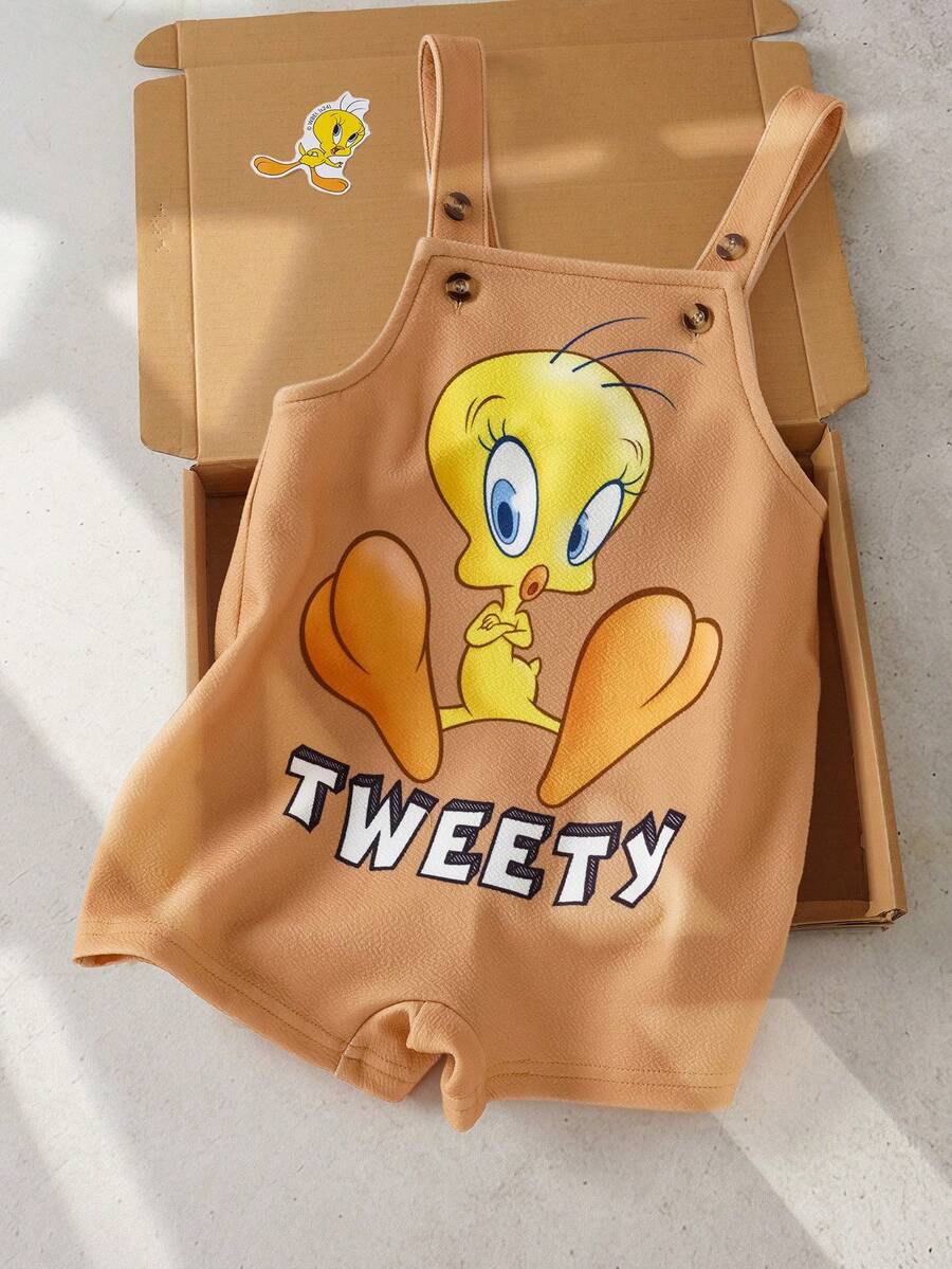 LOONEY TUNES X SHEIN Baby Boy Cartoon Letter Print Casual Everyday Wear Bib Shorts - Multicolor - View 1