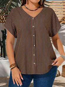 EMERY ROSE Plus Size Women Striped Short Sleeve Single-Breasted Casual Shirt Summer Outfit For Festival Outfits Beach Vacation Holiday Country Concert - Multicolor - View 5