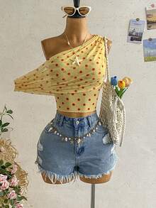 Soleia Cute Summer Polka Dot Yellow Asymmetrical One Shoulder Layered Top,Boho Beach Holiday Wear For Women,Versatile Casual Vacation Date Wedding Top - Light Yellow - View 3