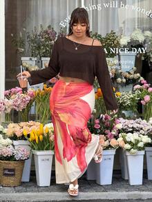 GalTyme Áo croptop dài tay, màu trơn, vai lệch, dáng rộng, phong cách thường ngày dành cho nữ, cỡ lớn. - Màu nâu Sô-cô-la - Xem 5