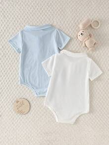Souflis Souflis Baby Boy Summer Knit Romper, Solid Color Short Sleeve Half-Placket Bodysuit 2-Piece Set, Suitable For Casual Wear At Home Or Outdoor - Multicolor - View 5