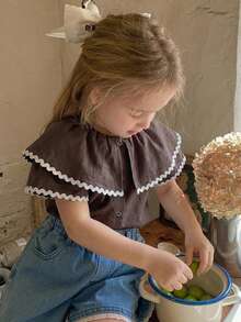DAZY Young Girls Contrast Color Ruffle Trim Casual Korean Style Short Sleeve Blouse, Spring/Summer - Coffee Brown - View 4