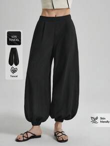 Ontre 2026 New Black Elastic Waist Lantern Pants, Versatile Summer Suitable For Beach, Holiday, Country Music Festival, Urban Commute, Casual, Elegant, Minimalist Style For Women - Black - View 1