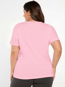 SHEIN BASICS Áo thun nữ cỡ lớn, màu trơn, cổ tròn, tay ngắn, kiểu dáng thường ngày, đa năng. - Màu Hồng baby - Xem 2