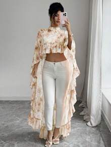 Elenzga Latest Spring/Summer Fashion Floral Chiffon Ruffled Collar Shawl Elegant Blouse For Women - Multicolor - View 3