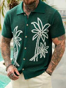VENTUSAIL Men's Palm Tree Pattern Hollow Out Knit Short Sleeve Top, Holiday - Dark Green - View 3
