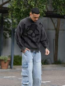 Devon Thys ANDREILEE 男士骷髅图案做旧流苏圆领休闲毛衣 - 灰色 - 查看 4