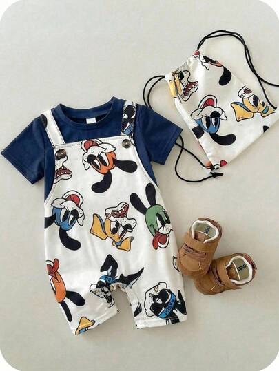 SHEIN Mono de manga corta cómodo y casual con estampado de animales de dibujos animados para bebé niño, con bloques de color, adecuado para uso en interiores, exteriores, uso diario, deportes, juegos, fiestas, sesiones de fotos, vacaciones, festivales, primavera/verano