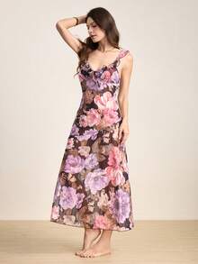 Hourtrue Floral Print Ruffle Trim Mesh Cami Pajama Nightdress Long Dress Perfect For Summerfor Summer - Black - View 6