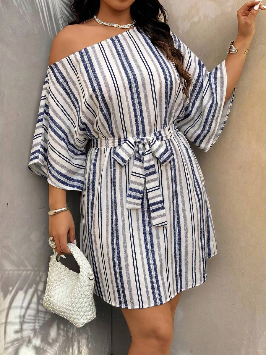 Weeklong Plus Size Women's Casual Vacation & Commute Dress, Colorblock Striped Print Asymmetrical Collar Flare Sleeve With Belt, Spring/Summer - Multicolor - View 1