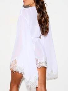 KIZN Bata de gasa transparente con ribete de encaje, mini bata de novia, kimono envolvente con cinturón para luna de miel y boudoir - Blanco - Ver 3