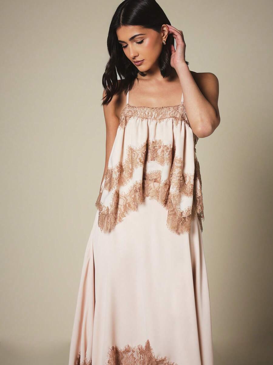 KSTM Satin Lace Trim Cami Top With Square Neckline Adjustable Straps Flowy Babydoll Style Summer Evening - Multicolor - View 1