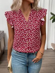 SHEIN Clasi Women's V-Neck All-Over Print Casual Versatile Daily Wear Shirt,Summer Top - Burgundy - View 8