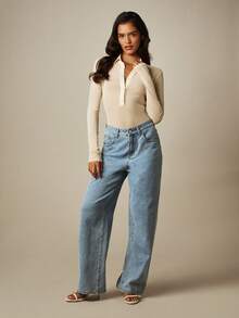 MISSGUIDED White Button Front Long Sleeve Fitted Collared Bodysuit With Shoulder Pad Detail Golf Summer Basic - Apricot - View 3