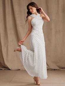 Anewsta Nuevo vestido maxi elegante de moda para vacaciones/invitada de boda con hombros descubiertos, estampado de lunares y cuello halter para mujer - Blanco - Ver 4
