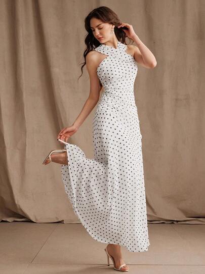 Anewsta Neue Ankunft Frühling/Sommer Elegante Mode Urlaub/Hochzeitsgast Sexy schulterfreies Polka Punkt Neckholder Maxikleid für Frauen