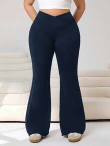 Solflare Pantalones acampanados de talla grande con cintura elástica en V de unicolor - Azul Marino - Ver 6